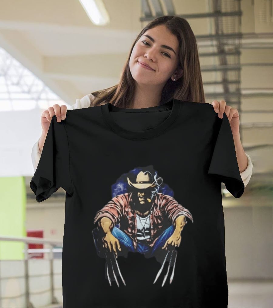 Wolverine Cowboy Hat Cigar Claws Sitting Pose T-Shirt