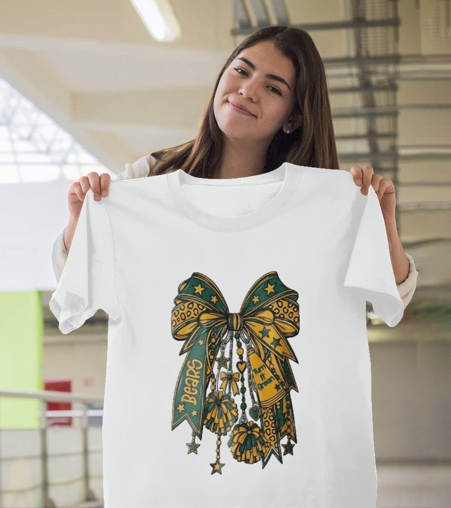Bears Turn It Green Cheer Bow Stars And Pom Poms T-Shirt