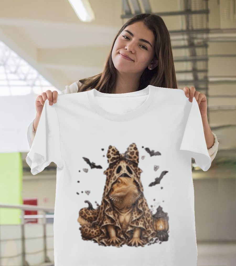 Bewitched Bearded Dragon Cloaked In Leopard Print With Lantern And Bats T-Shirt