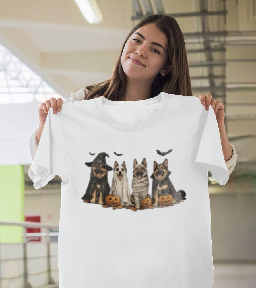 German Shepherd Ghost Witch Mummy Halloween Pumpkins T-Shirt