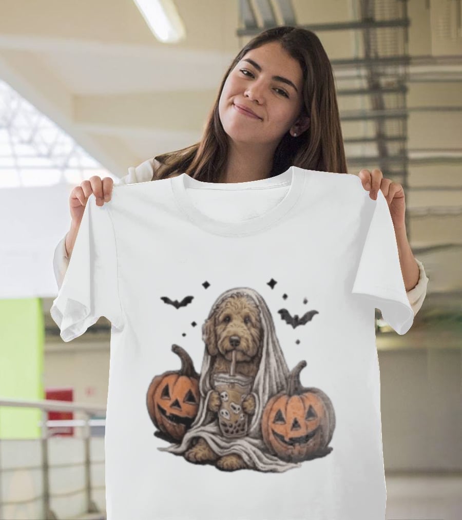 Goldendoodle Ghost With Boba Halloween Jack O'Lanterns And Bats T-Shirt