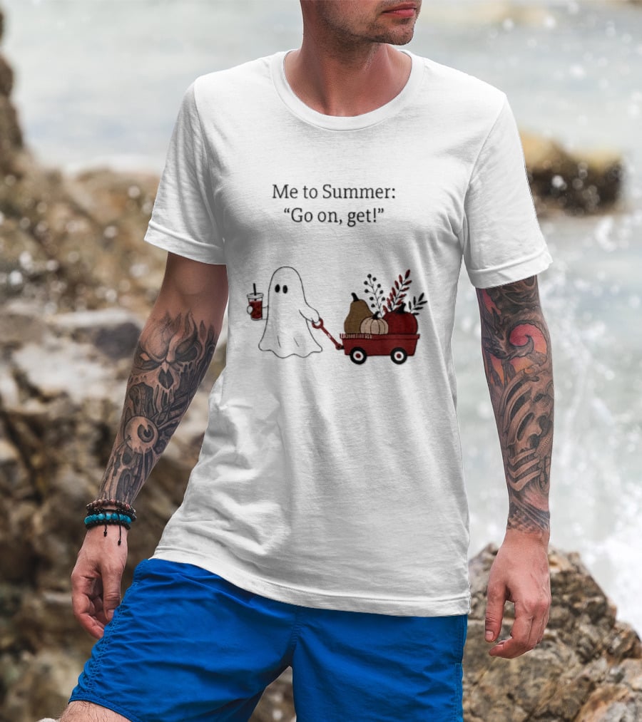 Me To Summer Go On Get Ghost With Pumpkin And Fall Leaves Wagon T-Shirt