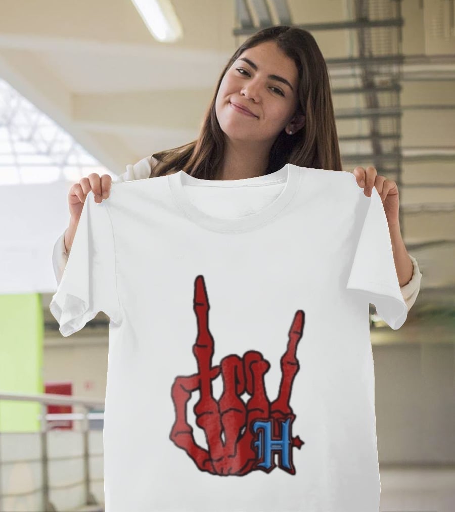 Red Skeleton Hand Sign With Blue H T-Shirt