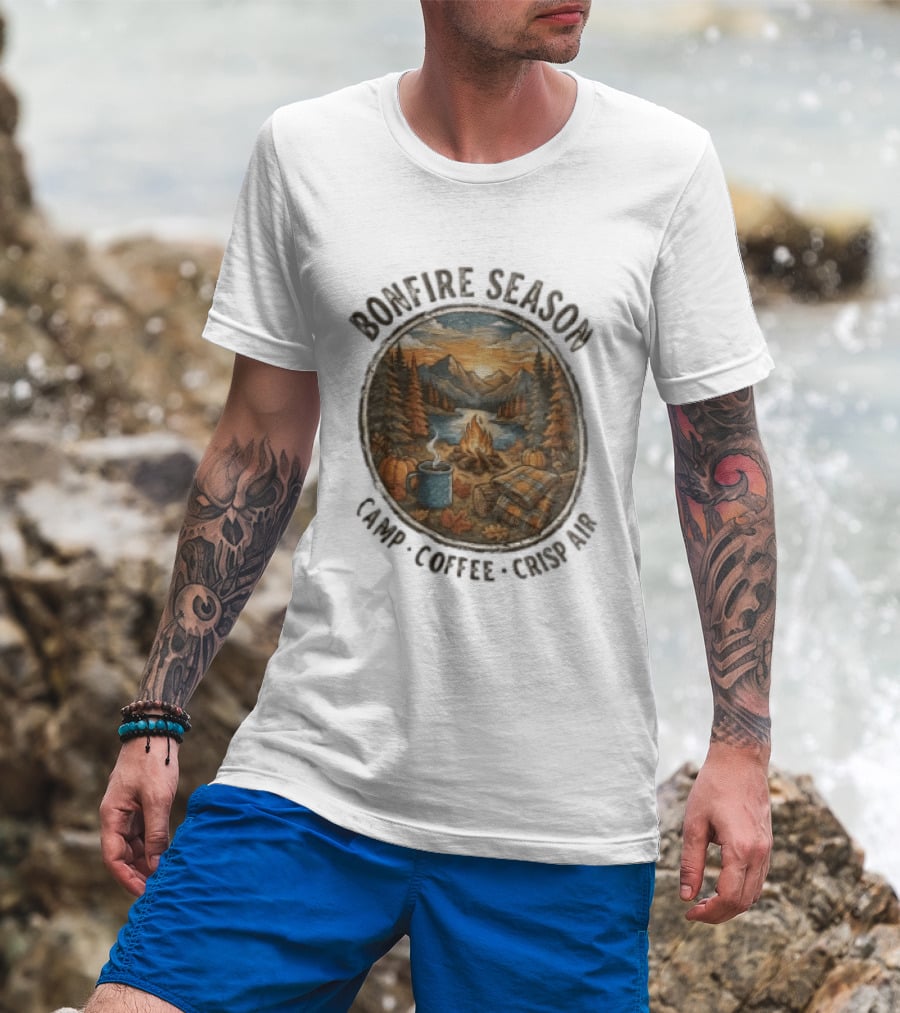 Bonfire Season Camp Coffee Crisp Air Scenic Autumn Mountains And Campfire T-Shirt
