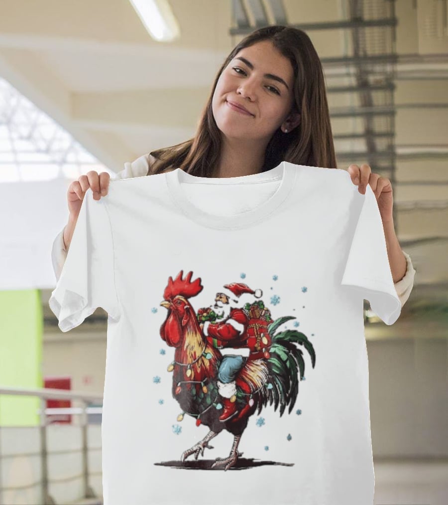 Caricature Santa Riding Rooster With Christmas Presents And Snowflakes T-Shirt
