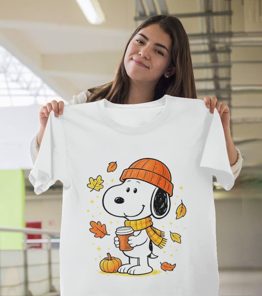 Snoopy Fall Autumn Coffee Pumpkin Leaves Warm Scarf Beanie Hat T-Shirt