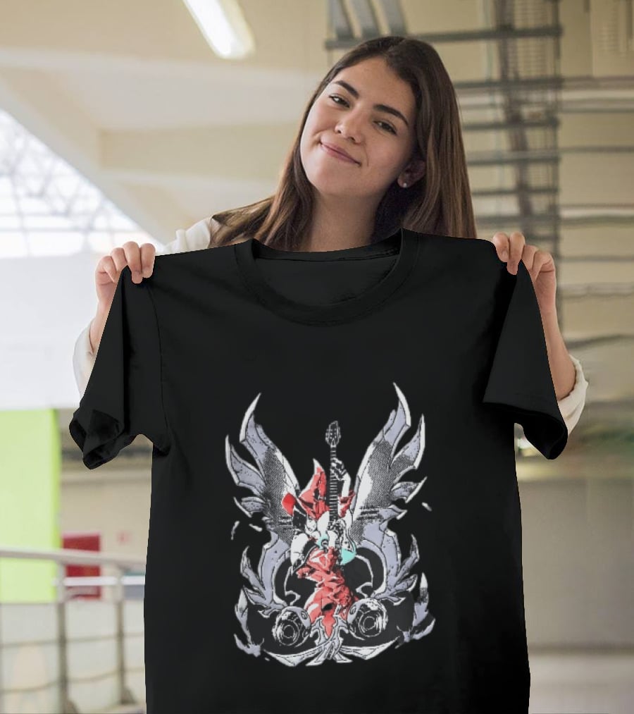 Anime Girl With Wings Holding Guitar Angelic Rock Star Fantasy T-Shirt
