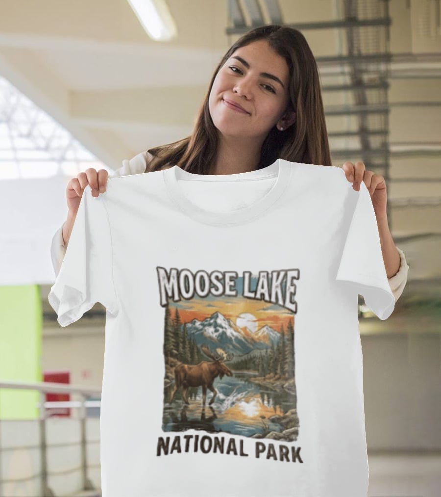 Moose Lake National Park Moose In Water Scenic Mountain Landscape T-Shirt