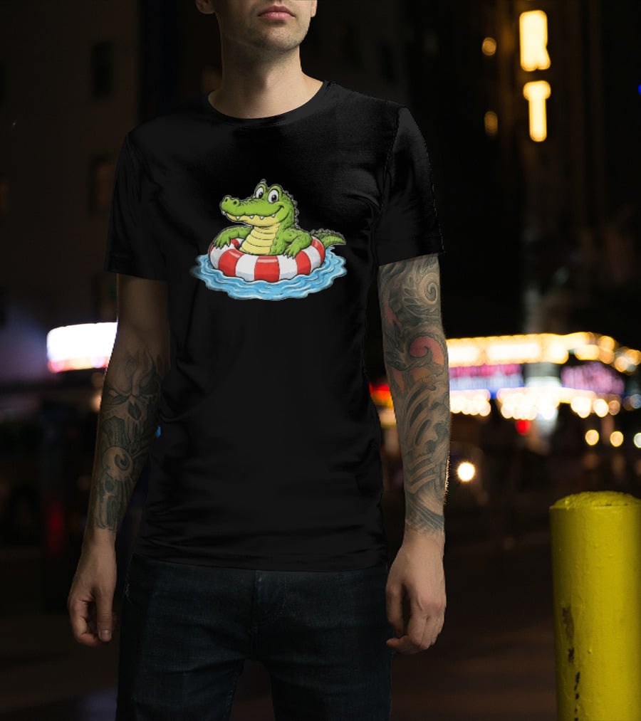 Cartoon Crocodile Relaxing In Red And White Life Buoy On Water T-Shirt
