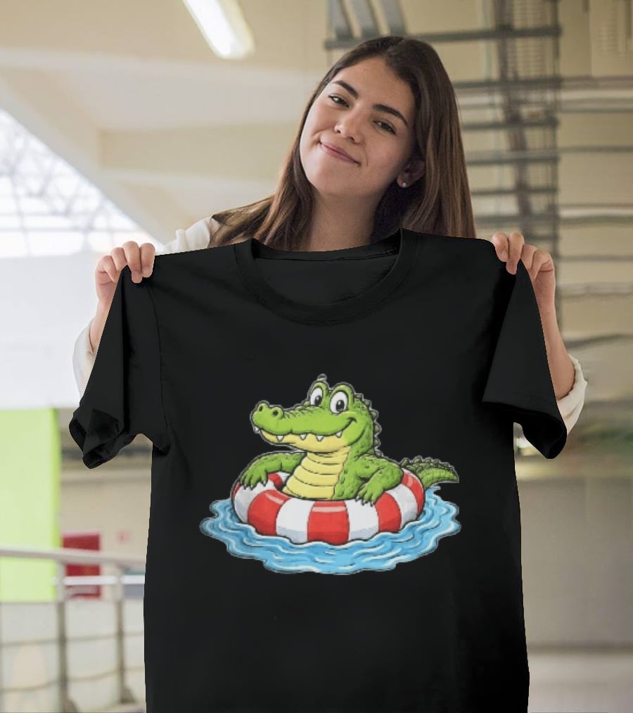 Cartoon Crocodile Relaxing In Red And White Life Buoy On Water T-Shirt
