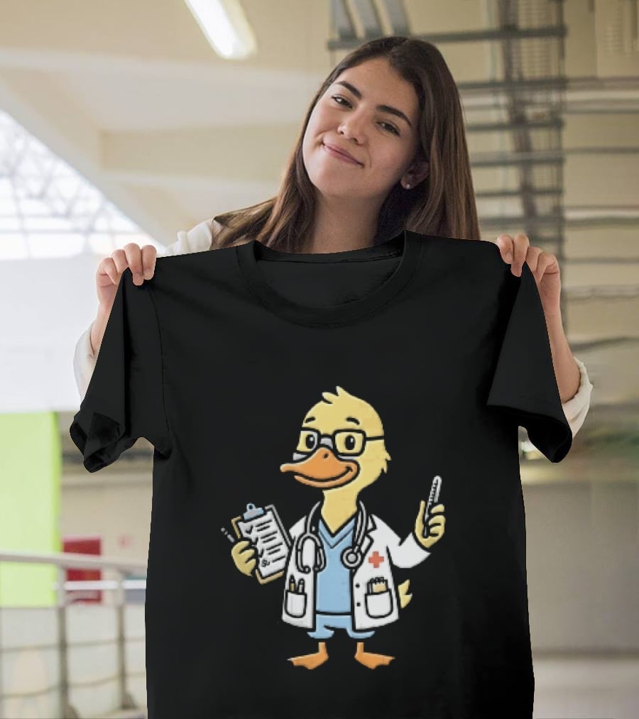 Cartoon Yellow Duck Doctor With Stethoscope Thermometer And Clipboard T-Shirt
