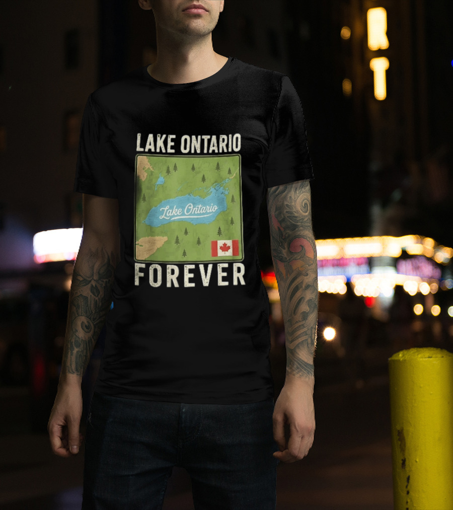 Lake Ontario Forever Distressed Map With Canadian Flag And Pine Trees T-Shirt