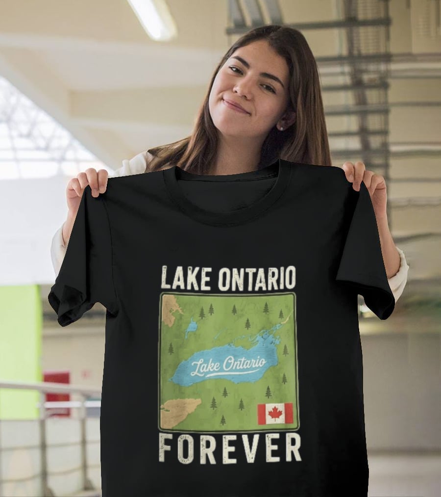 Lake Ontario Forever Distressed Map With Canadian Flag And Pine Trees T-Shirt