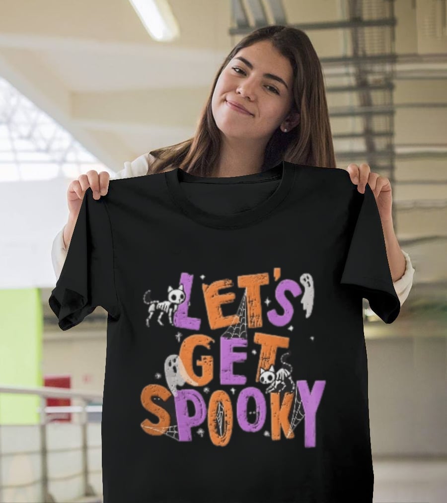 Let's Get Spooky Skeleton Cats Ghosts Spiderwebs Halloween T-Shirt