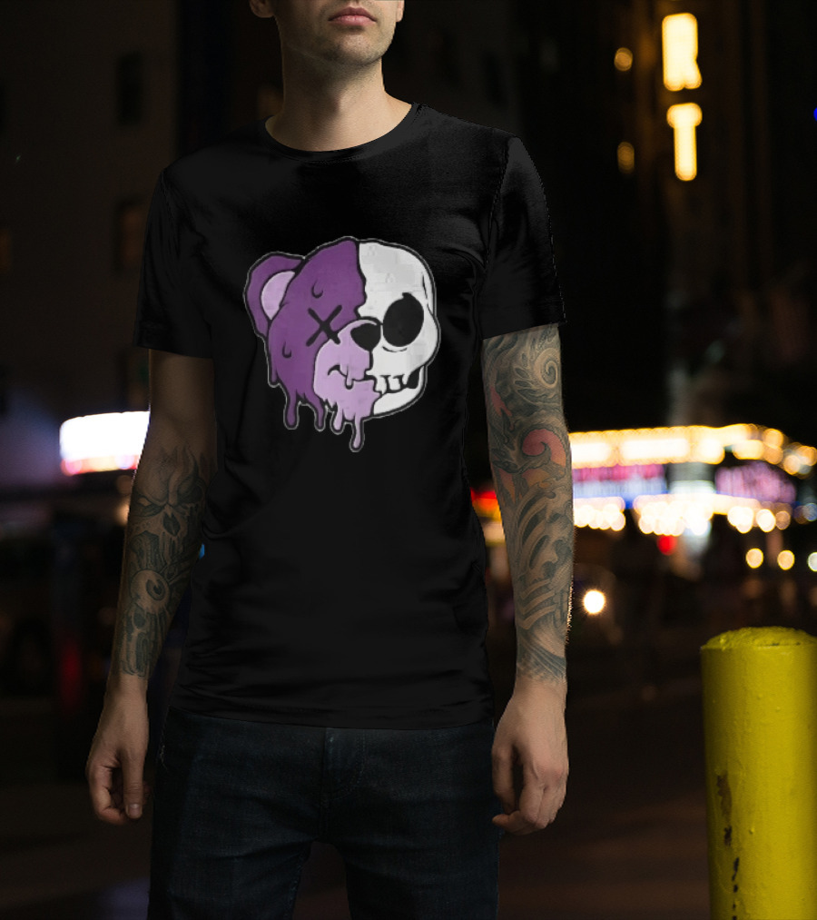 Dripping Purple Teddy Bear Skull Split Face Cartoon T-Shirt