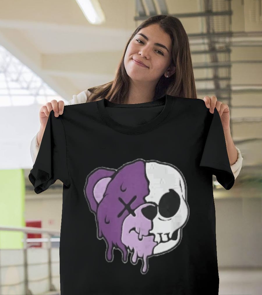Dripping Purple Teddy Bear Skull Split Face Cartoon T-Shirt