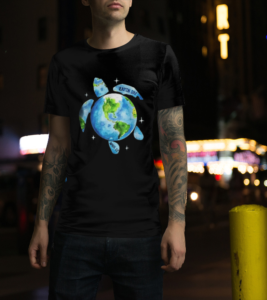 Earth Day April 22 Watercolor Globe Sea Turtle Outer Space T-Shirt