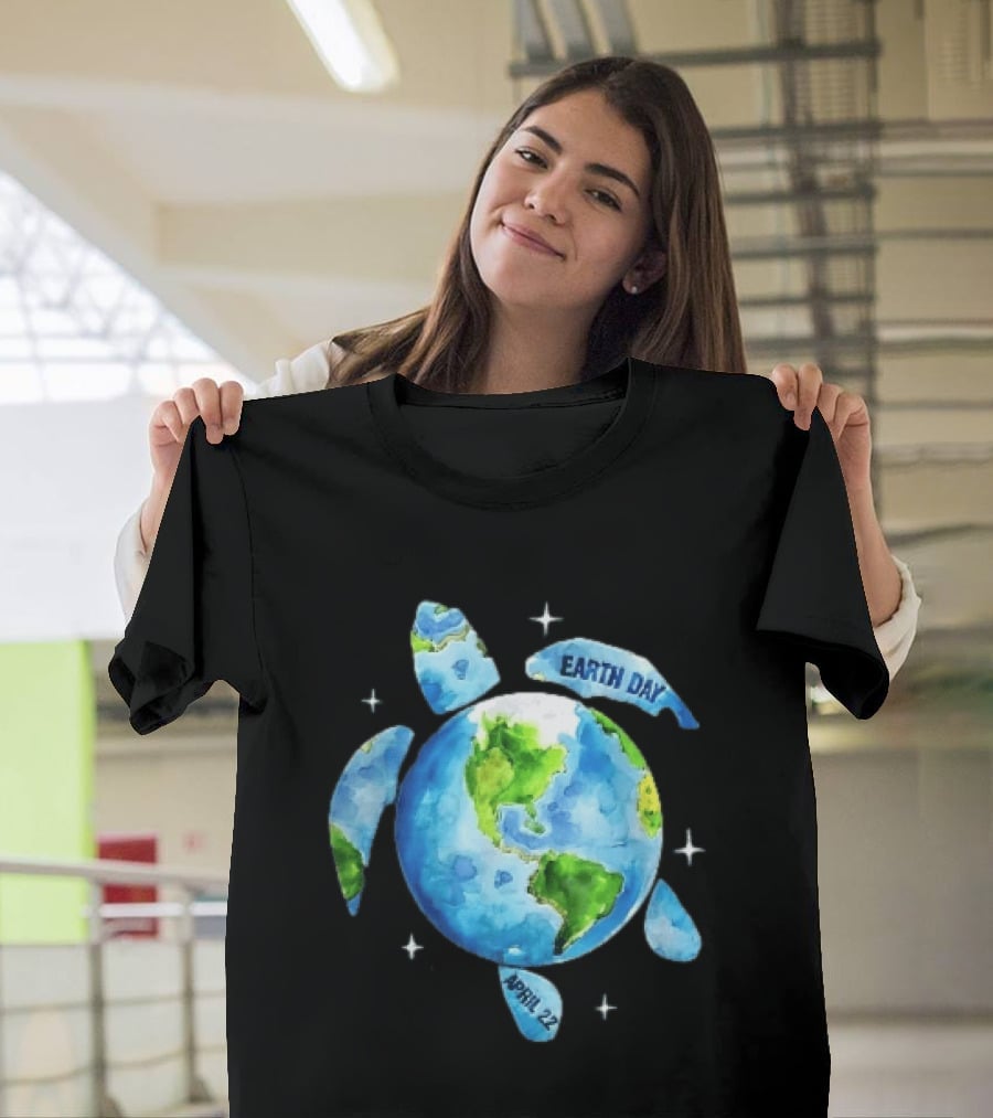 Earth Day April 22 Watercolor Globe Sea Turtle Outer Space T-Shirt