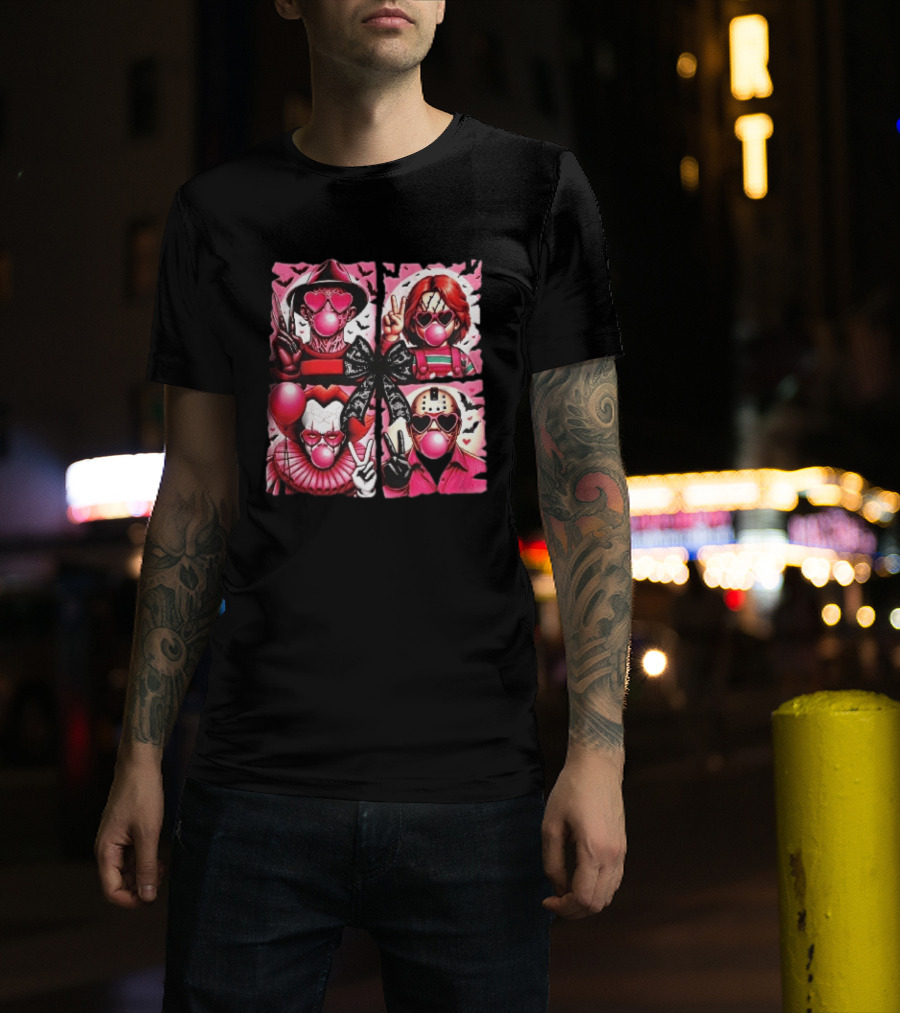 Heart Sunglasses Bubblegum Horror Villains With Peace Signs And Lace Bow T-Shirt