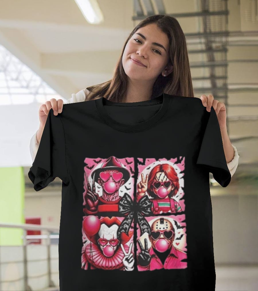 Heart Sunglasses Bubblegum Horror Villains With Peace Signs And Lace Bow T-Shirt