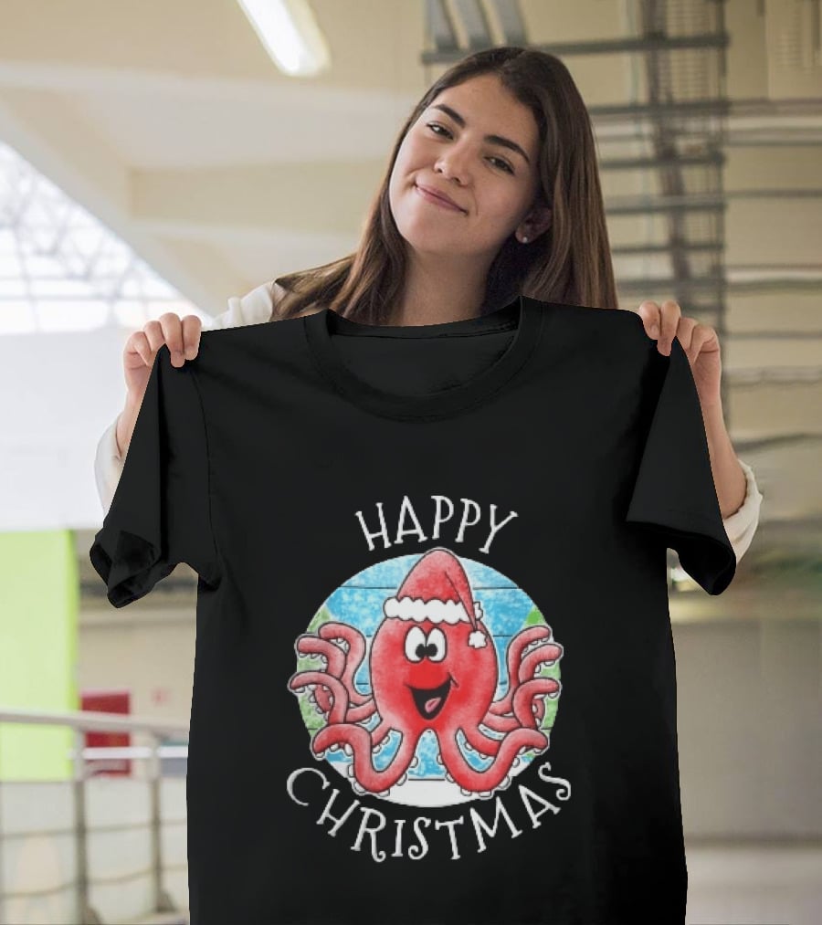 Happy Christmas Red Octopus Santa Hat Ocean Scene T-Shirt