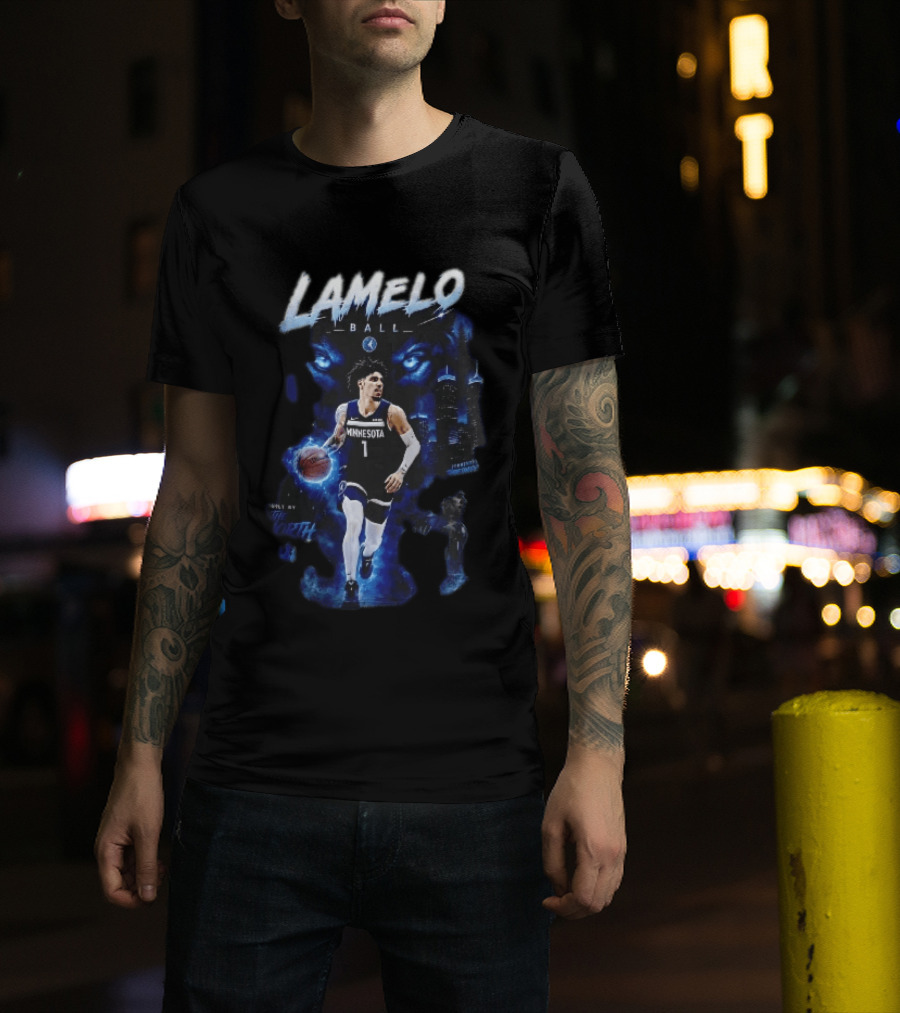 Minnesota Timberwolves Built By The North Lamelo Ball Dribbling Glowing Eyes Skyline T-Shirt