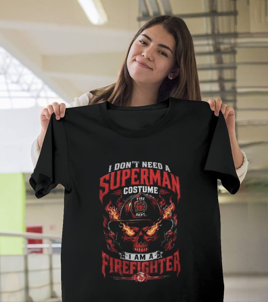 I Dont Need A Superman Costume Am Firefighter Flaming Skull Helmet Fire Dept Orange Flames T-Shirt
