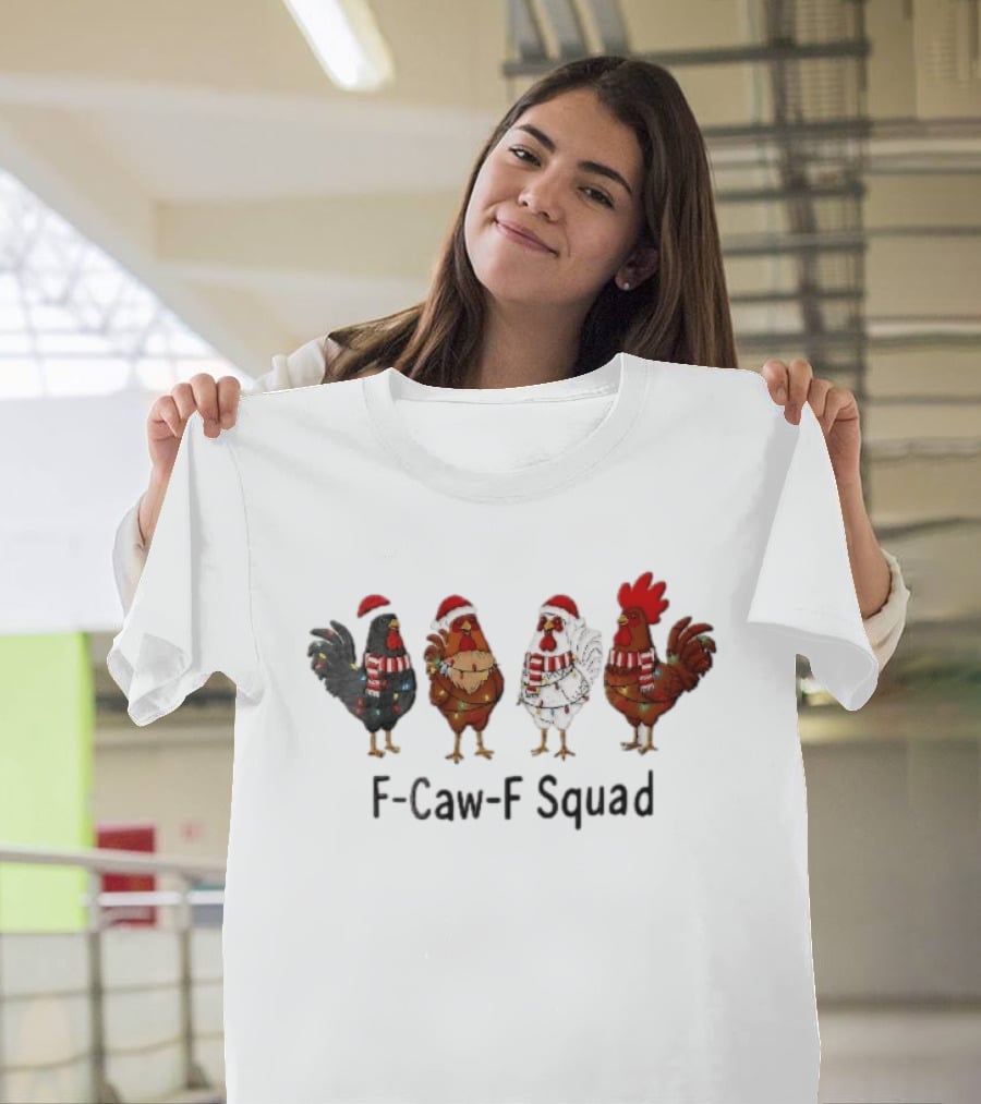 F Caw F Squad Four Chickens Santa Hats Christmas Lights Scarf Accessories T-Shirt