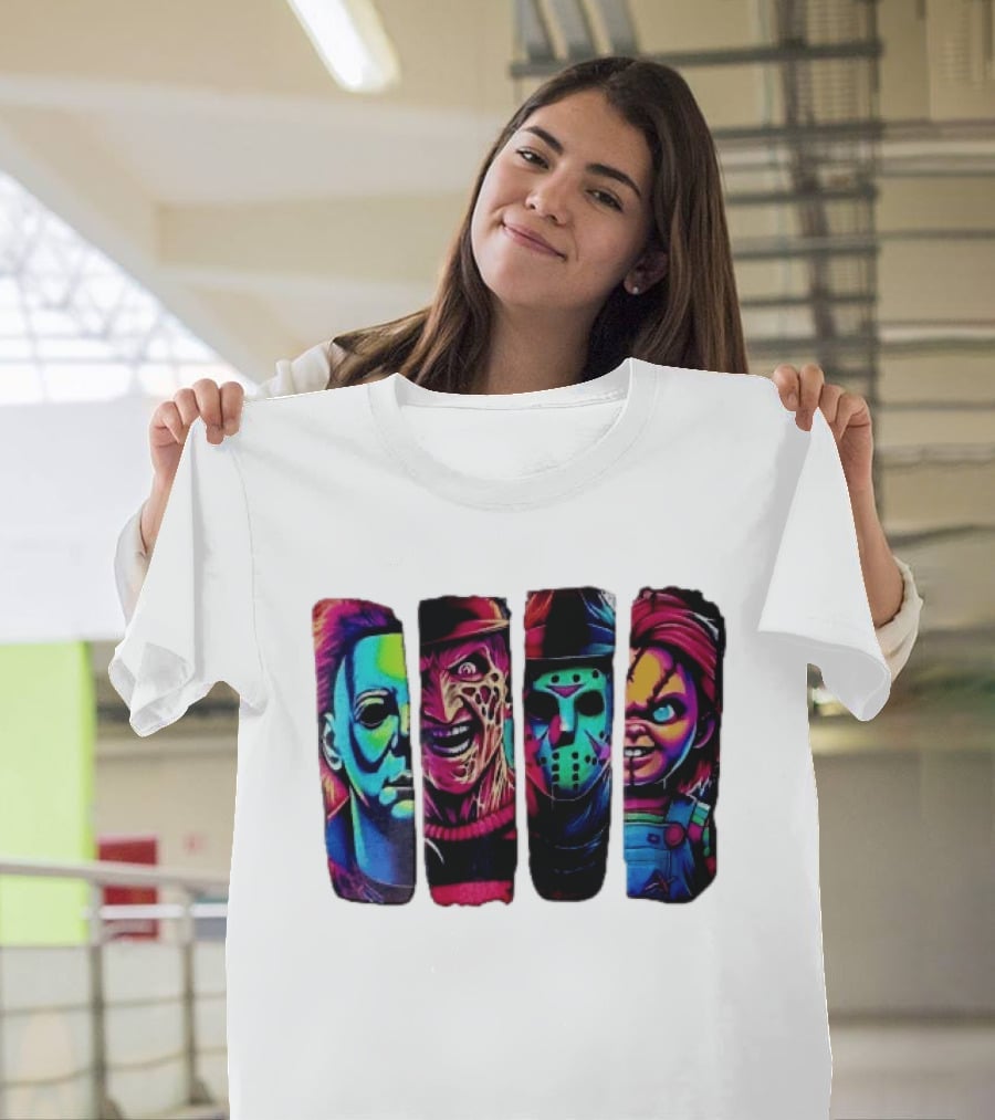 Fluorescent Horror Movie Slasher Faces Vertical Panels T-Shirt