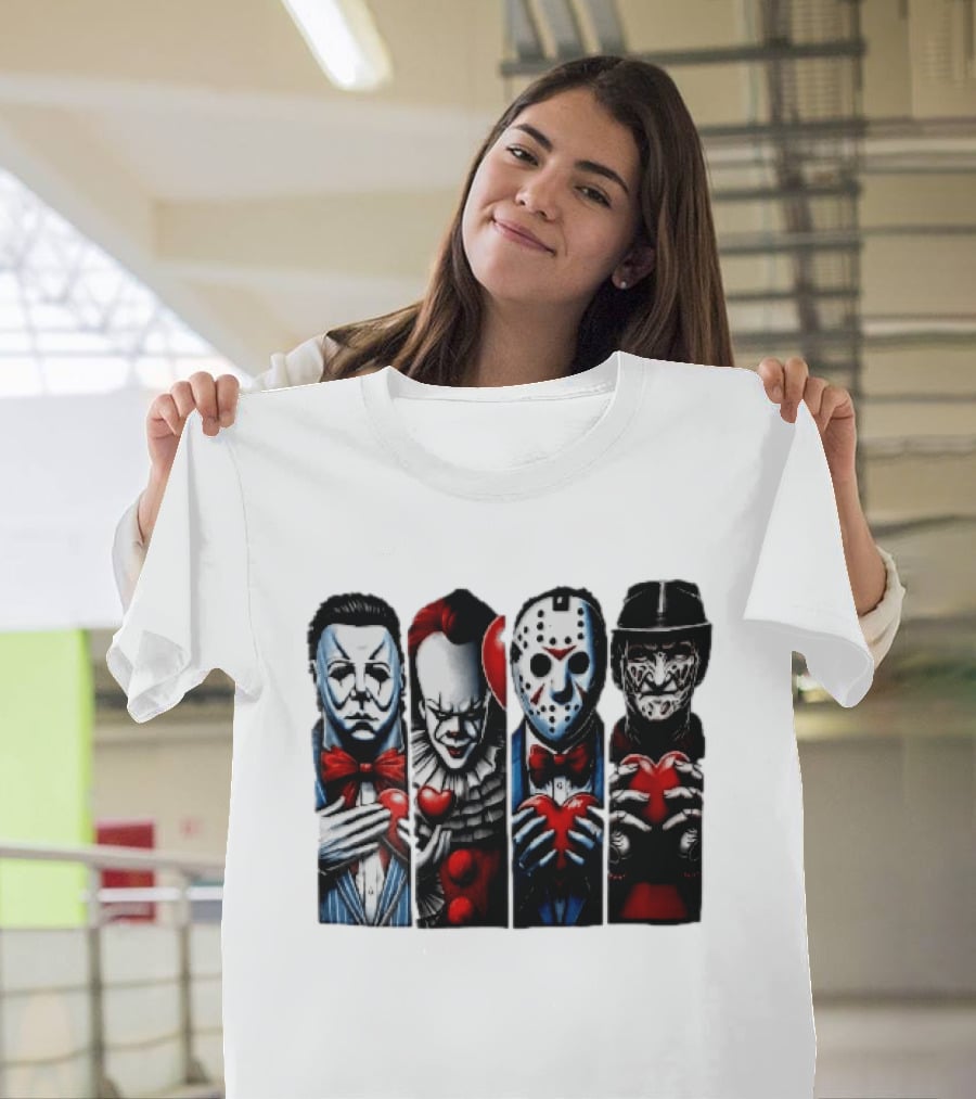 Classic Horror Villains With Red Valentine Hearts T-Shirt