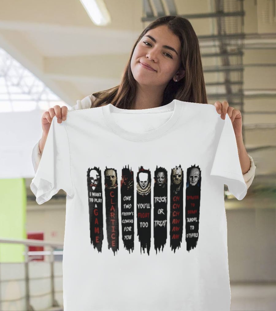 I Want To Play A Game Clarice You'll Float Too Trick Or Treat Horror Movie Villains Banners T-Shirt