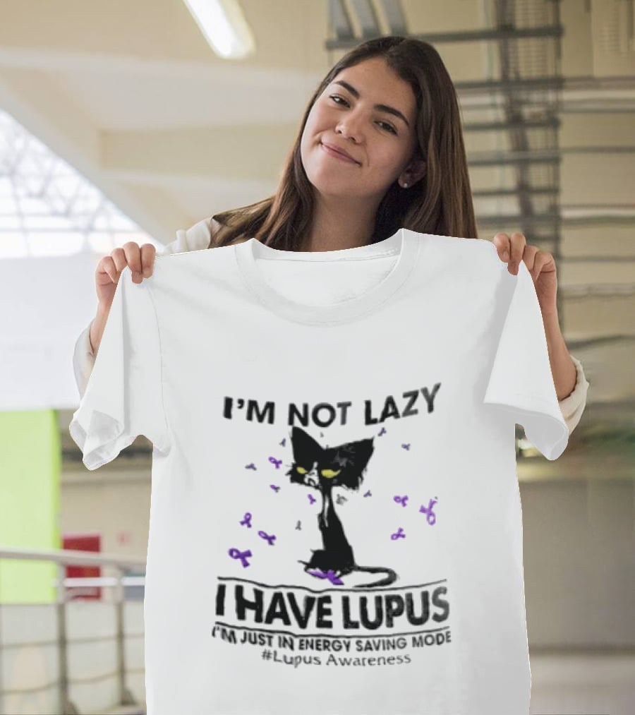 I'm Not Lazy I Have Lupus Energy Saving Mode Lupus Awareness Cat With Purple Ribbons T-Shirt