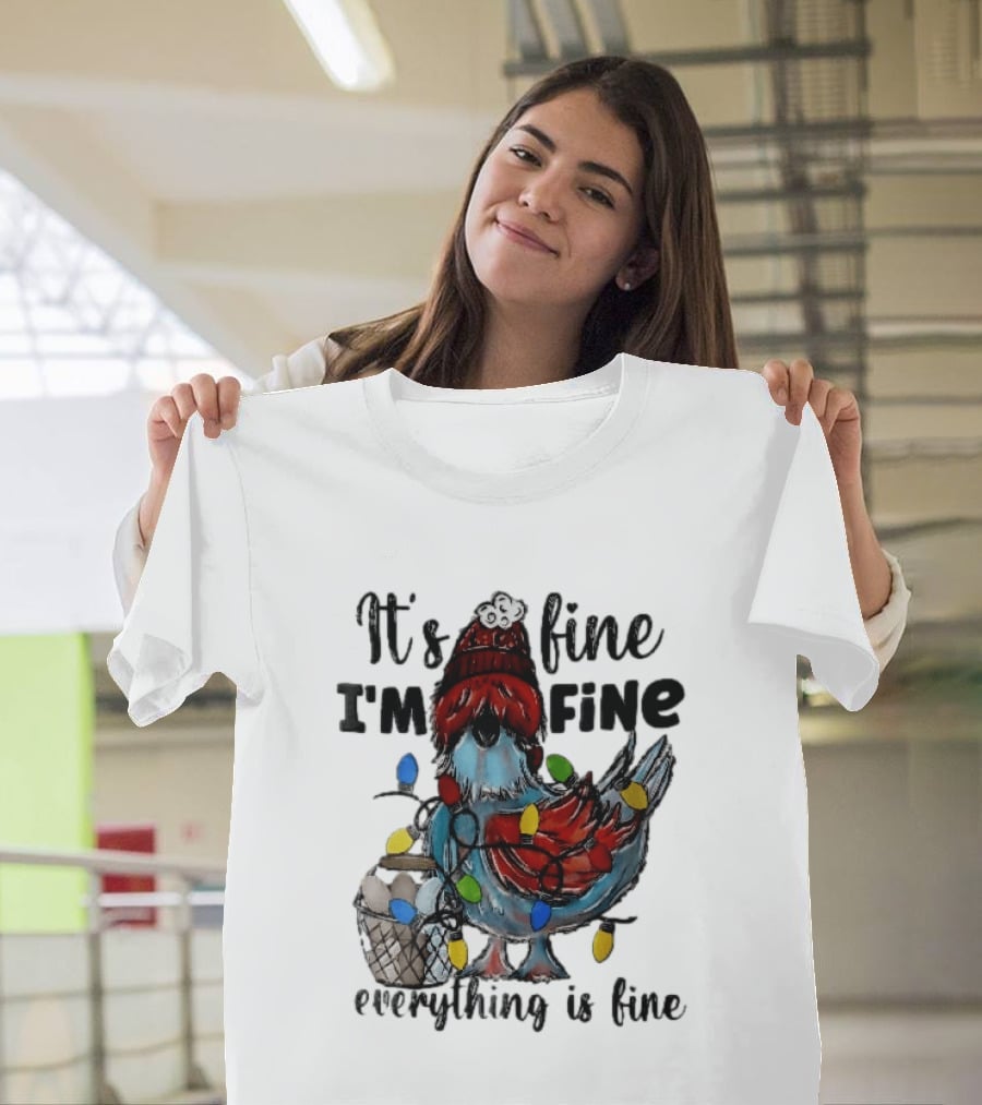 It's Fine I'm Fine Everything Is Fine Cartoon Chicken Tangled Christmas Lights T-Shirt