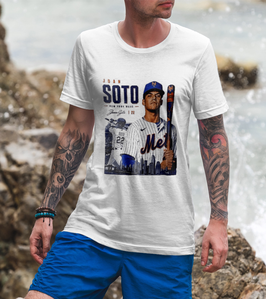 Juan Soto New York Mets MLB 22 Player Batting Skyline Collage T-Shirt