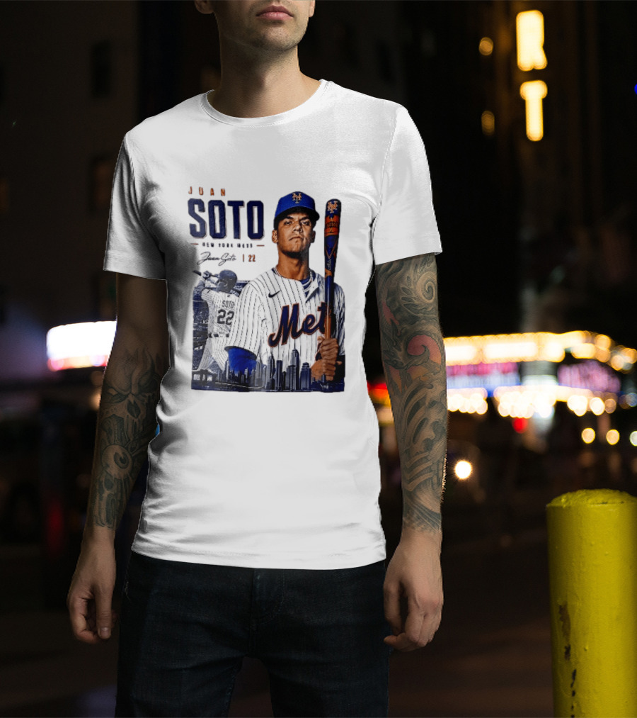 Juan Soto New York Mets MLB 22 Player Batting Skyline Collage T-Shirt