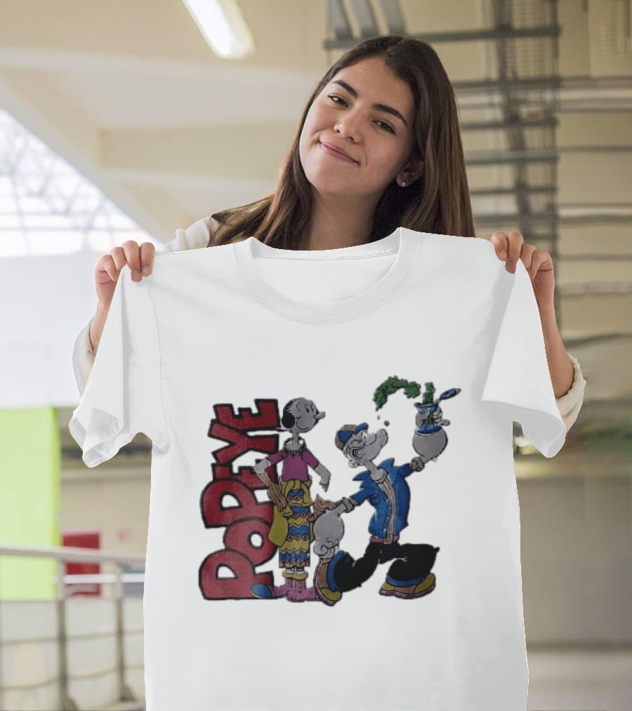 Popeye Cartoon Character With Olive Oyl Squeezing Spinach Can T-Shirt