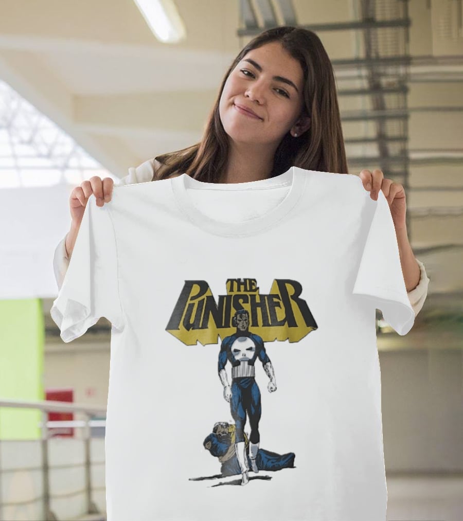 The Punisher Superhero Skull Comic Walking Scene With Defeated Man T-Shirt