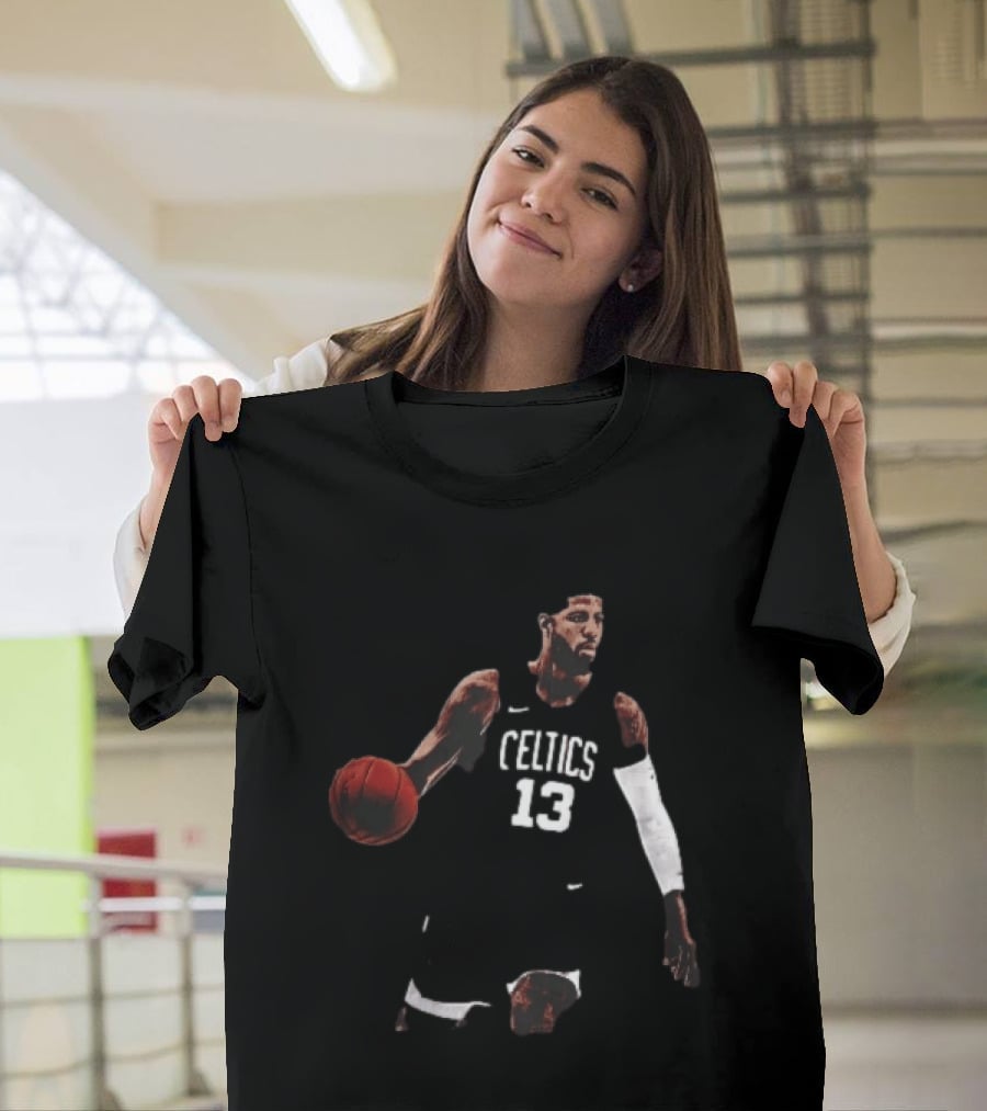 Boston Celtics 13 Bearded Basketball Player Dribbling Dark T-Shirt