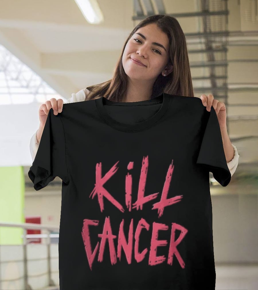Kill Cancer Red Distressed Brush Stroke Lettering T-Shirt