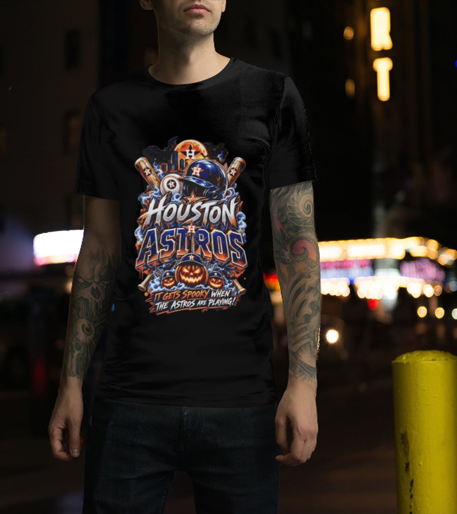 Houston Astros Halloween Spooky Theme With Pumpkins And Bats T-Shirt