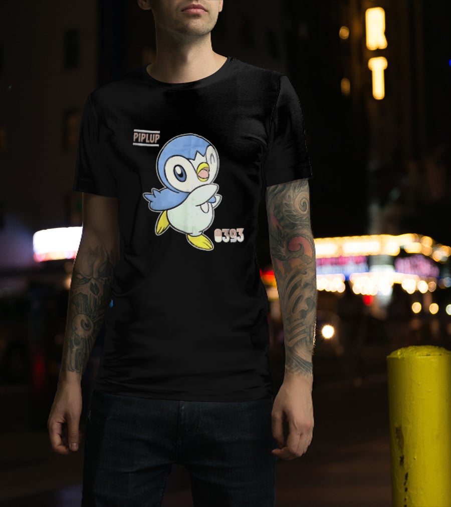 Piplup 0393 Cartoon Penguin Waving Paper Crease Sticker Yellow Feet T-Shirt