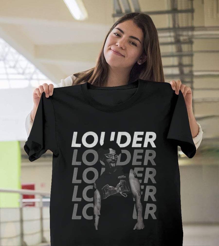 Joe Jonas Louder Graphic With Repeated Text And Guitar T-Shirt