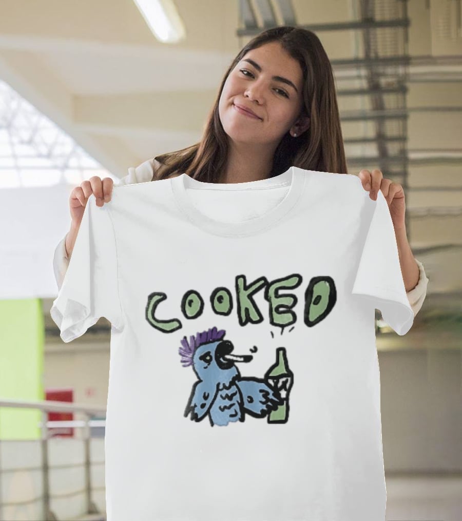 Cooked Cartoon Blue Parrot Smoking Cigarette Holding Alcohol Bottle T-Shirt