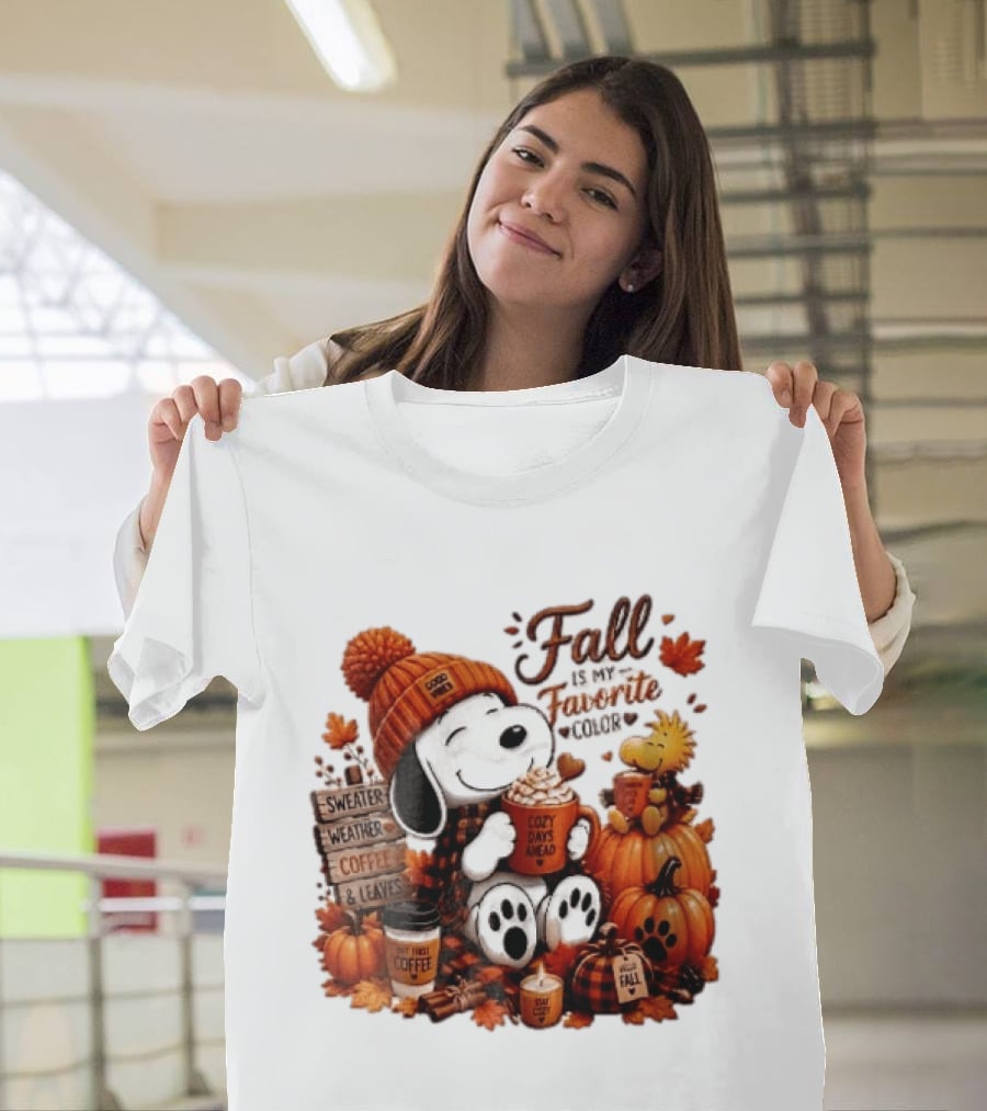 Fall Is My Favorite Color Sweater Weather Coffee Leaves Cozy Days Cartoon Dog Bird Pumpkins T-Shirt