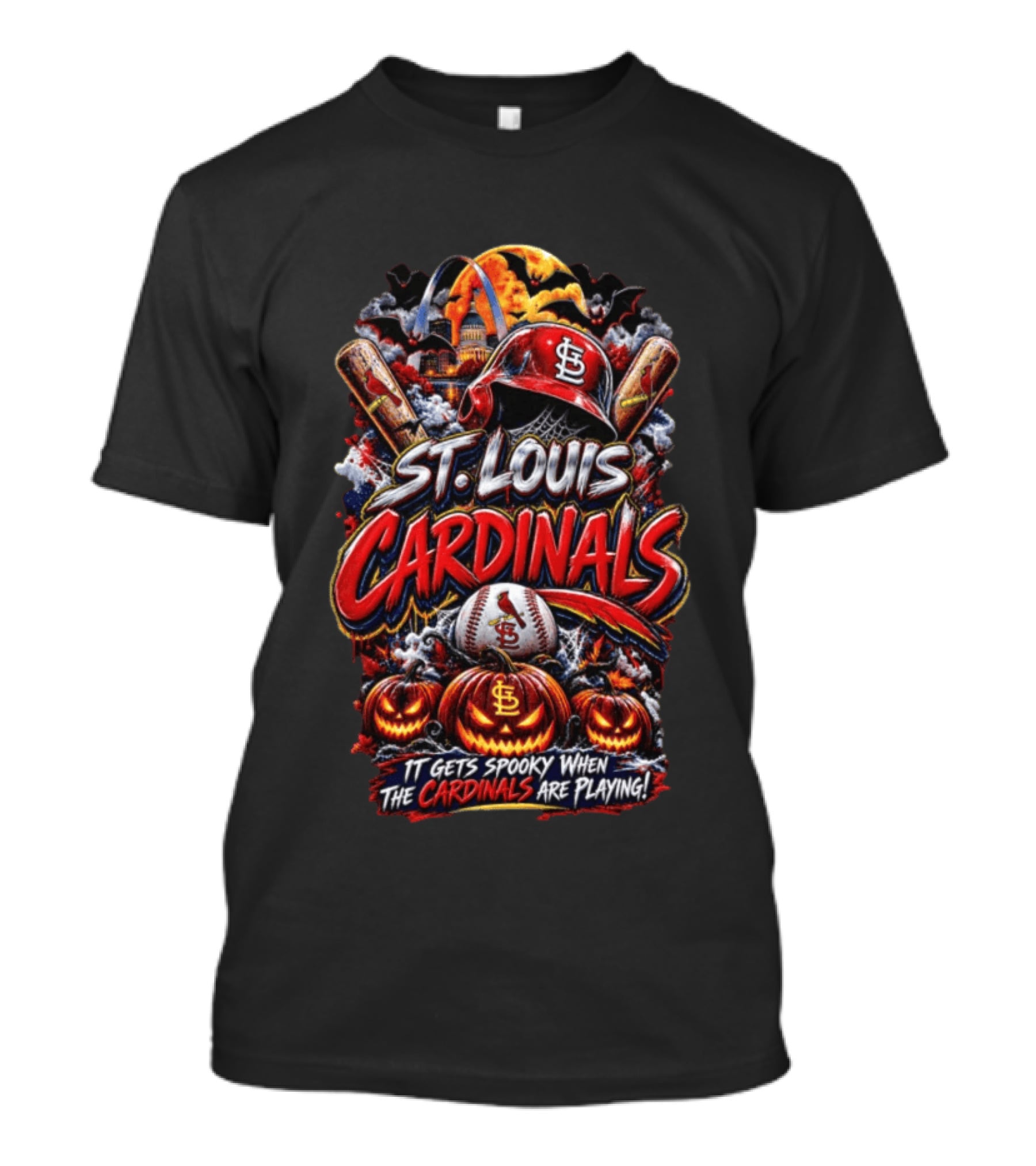 St. Louis Cardinals Halloween Spooky Baseball Theme With Pumpkins And Bats T-Shirt