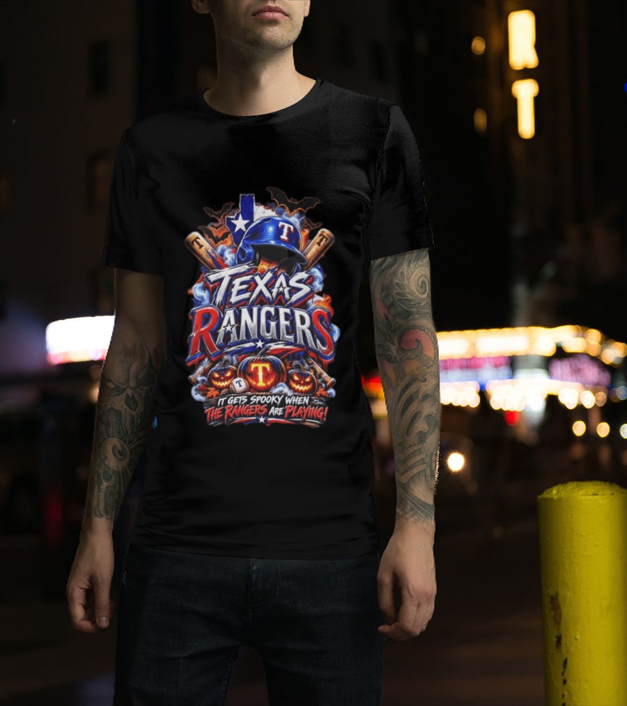 Texas Rangers Spooky Halloween Baseball Bats And Pumpkins T-Shirt