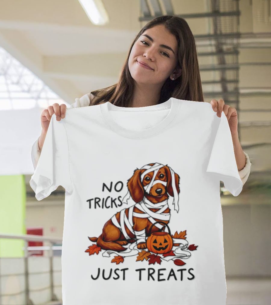 No Tricks Just Treats Dachshund Mummy Halloween Pumpkin Dog T-Shirt