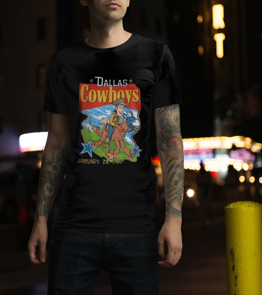 Dallas Cowboys Woody Riding Toy Horse Flames Stars January 28 1960 T-Shirt