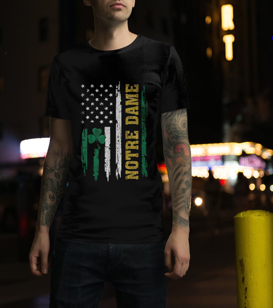 Notre Dame Irish American Flag Football Clover Stars T-Shirt