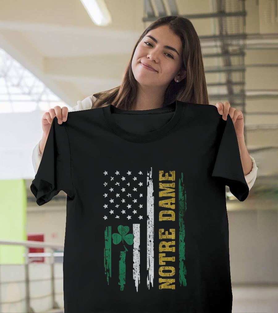 Notre Dame Irish American Flag Football Clover Stars T-Shirt